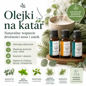 Infografika AromatherapyOils prezentująca naturalne olejki na katar oraz bezpieczne olejki do inhalacji na katar i zatoki