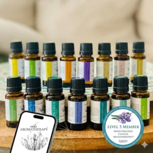 Zestaw naturalnych produktów AromatherapyOils z certyfikatem NAHA Level 3, ilustrujący poradnik gdzie kupić olejki eteryczne najwyższej jakości.