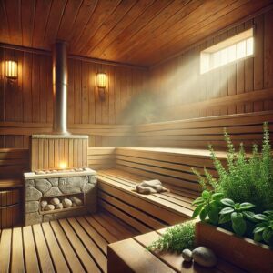 Sauna z drewnianymi ławkami i kominkiem - olejki do sauny suchej AromatherapyOils