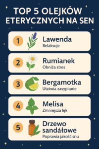 Top 5 olejków eterycznych na sen: lawenda, rumianek, bergamotka, melisa i drzewo sandałowe - infografika aromaterapia na sen