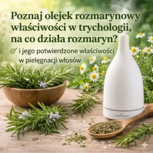 iały dyfuzor z parą obok gałązek rozmarynu objaśniający jakie ma olejek rozmarynowy właściwości i na co pomag