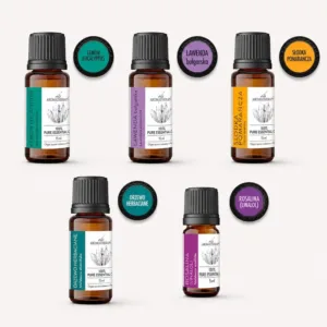 Wakacyjny niezbędnik – zestaw olejków eterycznych AromatherapyOils na wakacje i podróż: rosalina, drzewo herbaciane, lawenda bułgarska, słodka pomarańcza i eukaliptus cytrynowy.