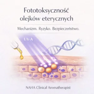 Schemat biochemiczny fitofotodermatozy przedstawiający wpływ promieniowania UV-A na komórki skóry z napisem Fototoksyczność olejków eterycznych. Fototoksyczne olejki eteryczne