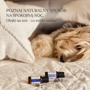Mieszanki olejów Good Sleep i Dreamland na łóżku z napisem Poznaj naturalny sposób na spokojną noc Olejki na sen co mówi nauka