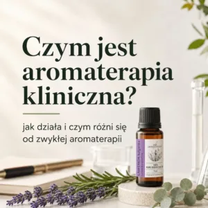Czym jest aromaterapia kliniczna – grafika z buteleczką olejku lawendowego AromatherapyOils, gałązką lawendy i rozmarynu na tle akcesoriów laboratoryjnych.